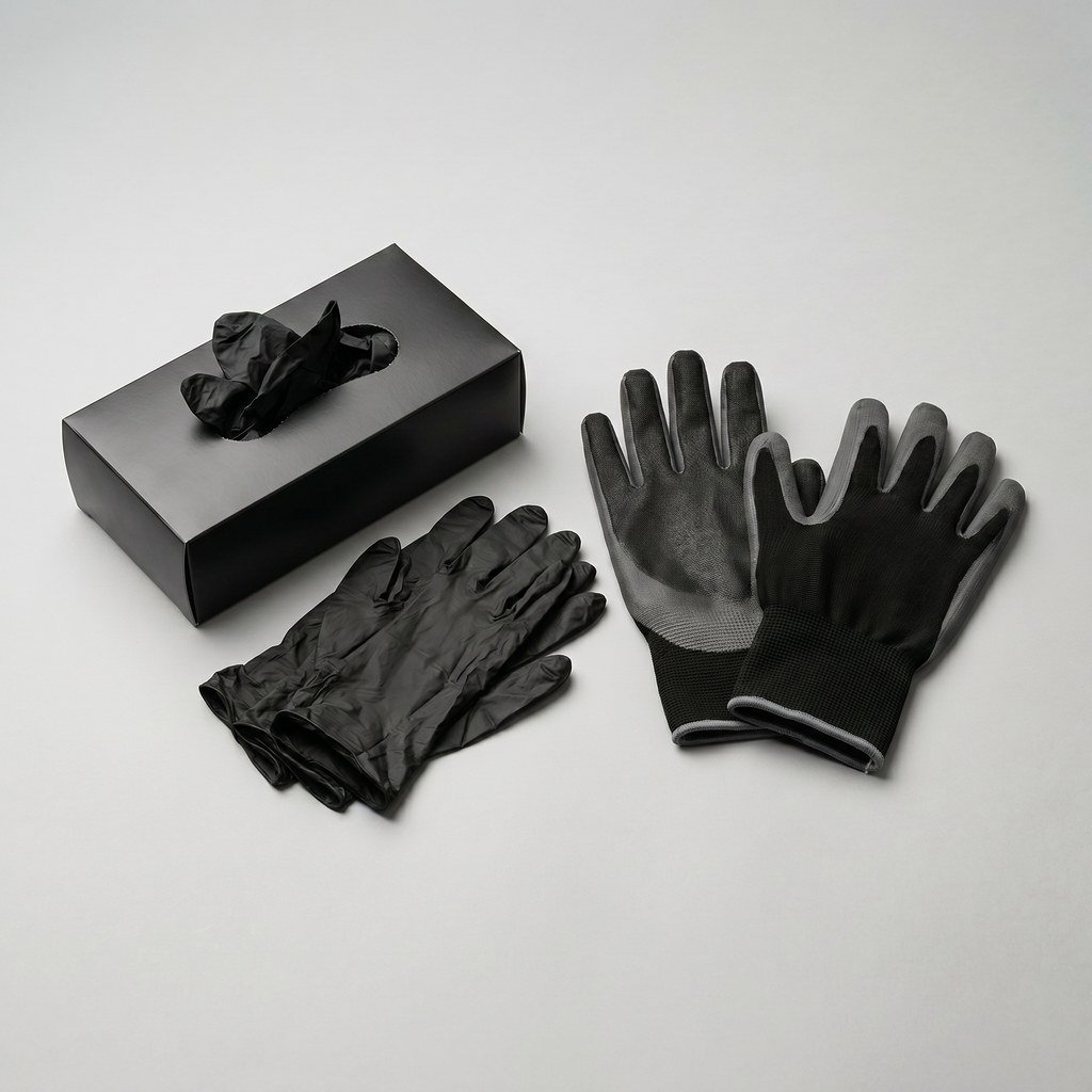 Auto shop PPE bundle — black nitrile gloves and nitrile-coated work gloves