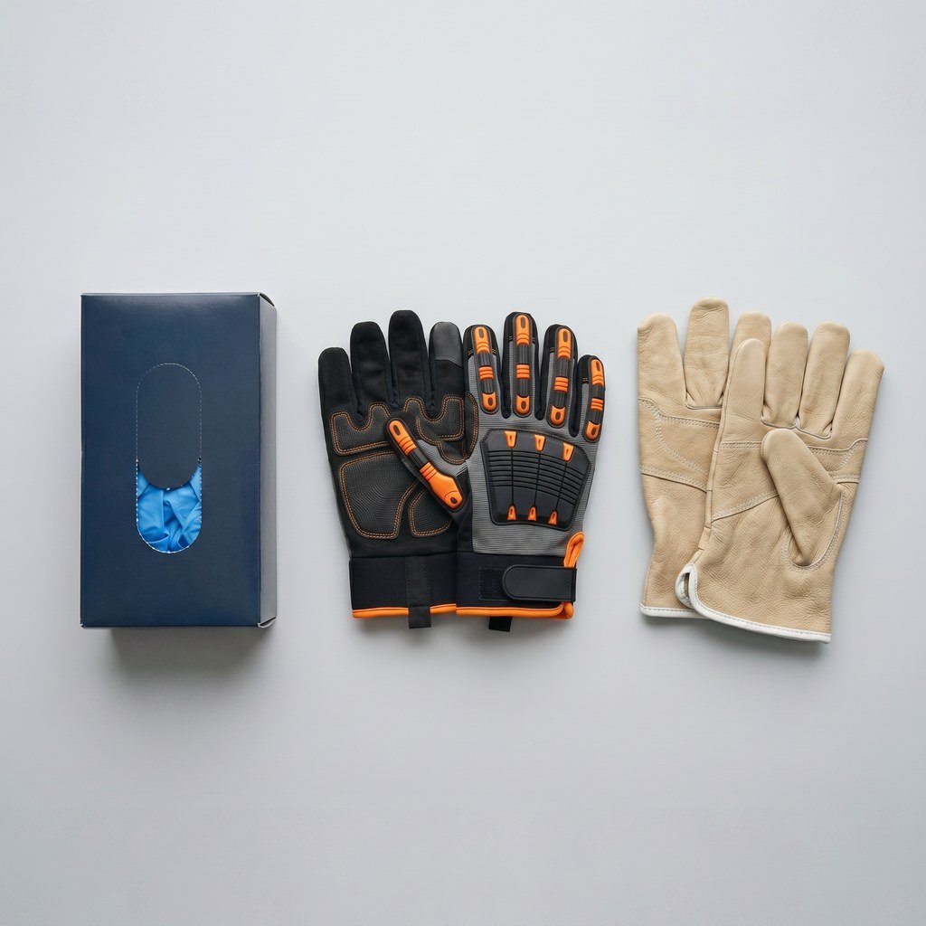 Construction site PPE bundle — nitrile, impact, and leather rigging gloves