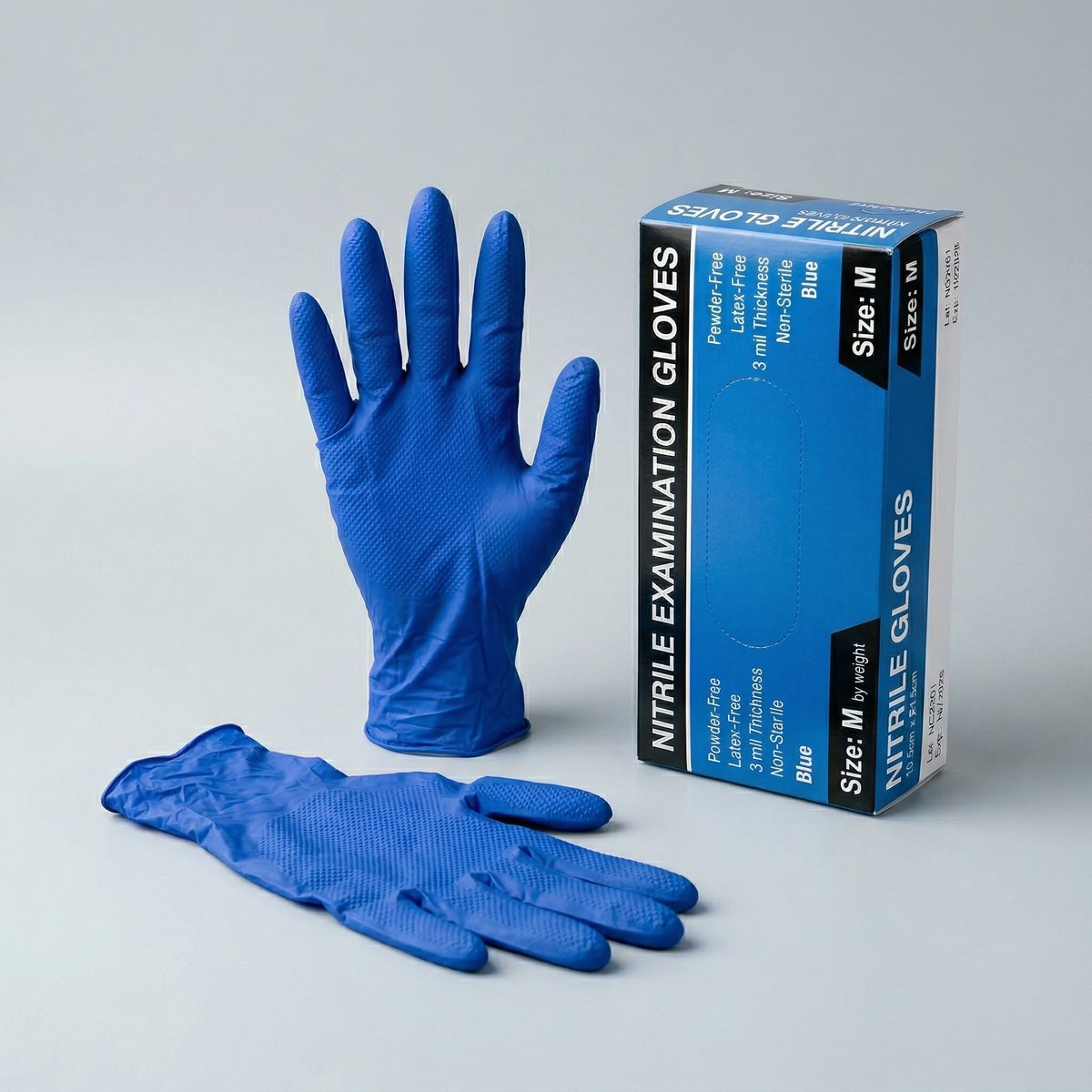 Blue 3 mil powder-free nitrile gloves in box and loose — industrial bulk wholesale